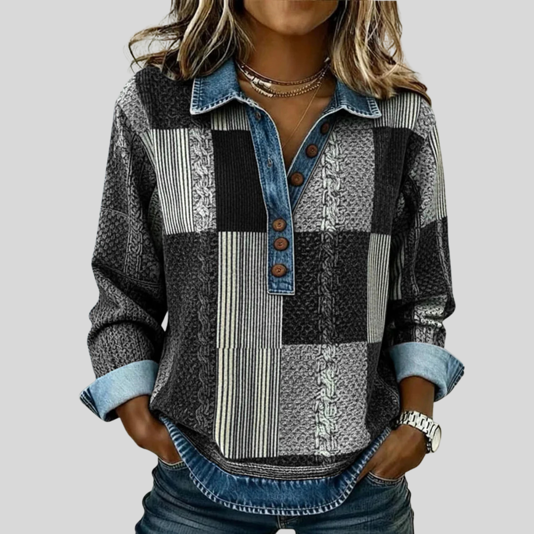 CHLOE™ - ELEGANT PATCHWORK DENIM BLOUSE