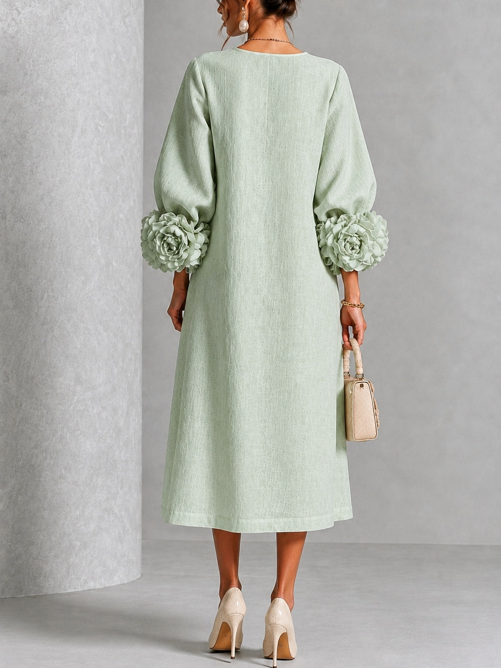 SIENNA™ - ELEGANT FLORAL-CUFF MIDI DRESS
