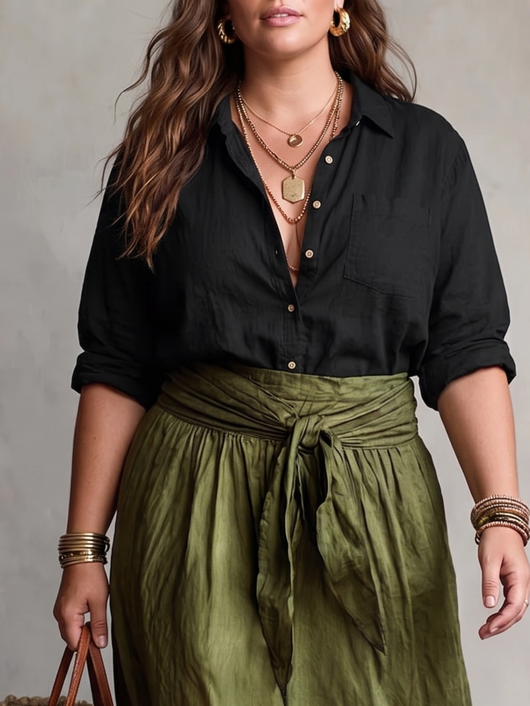 VERA™ - ELEGANT TWO-PIECE SUMMER SET: BLACK BLOUSE &amp; OLIVE SKIRT