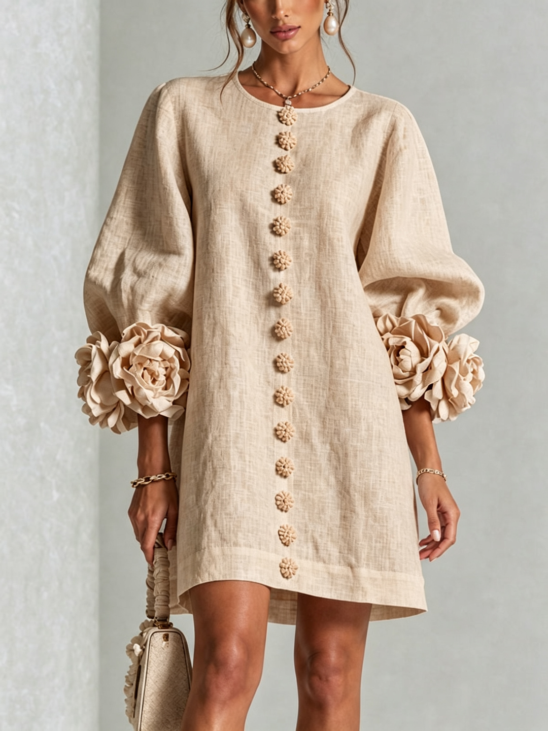 AURORA™ - FLORAL-CUFF BUTTON MINI DRESS