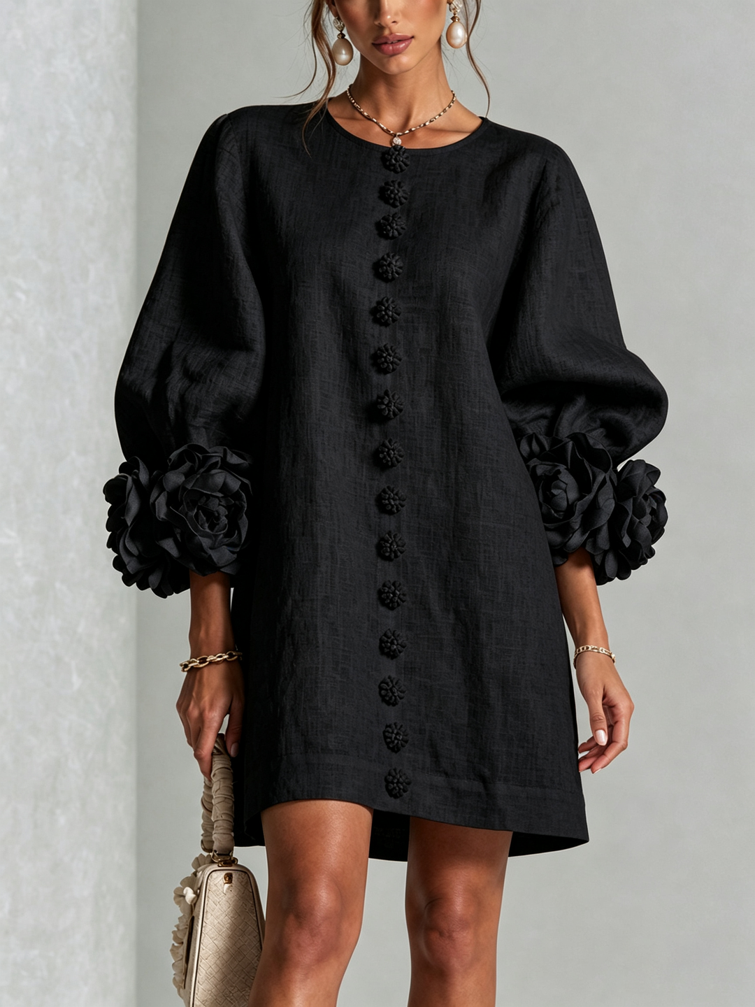 AURORA™ - FLORAL-CUFF BUTTON MINI DRESS