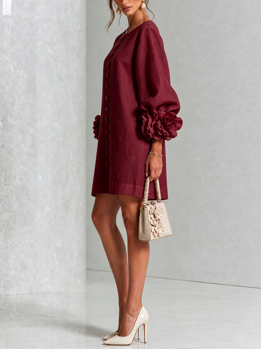 CAMELLIA™ - ELEGANT ROSETTE-CUFF MINI DRESS