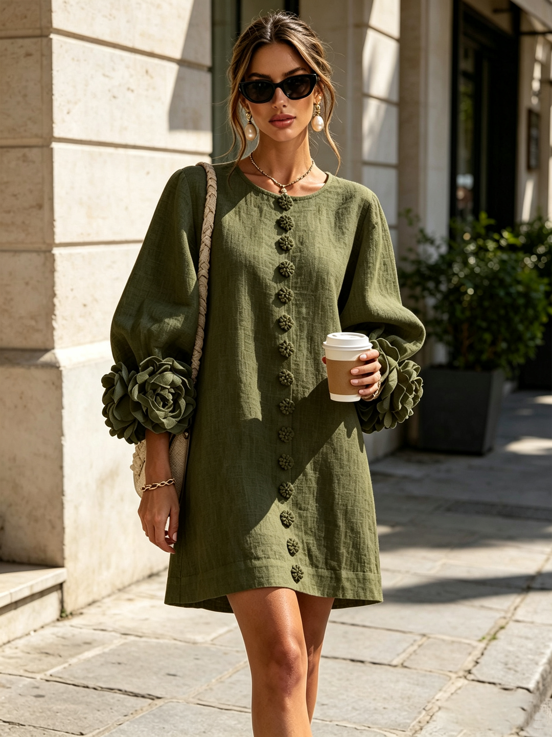 AURORA™ - FLORAL-CUFF BUTTON MINI DRESS