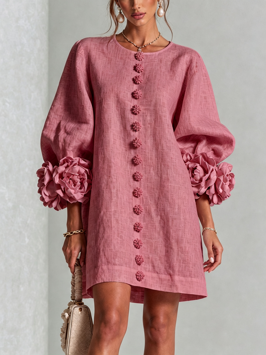 AURORA™ - FLORAL-CUFF BUTTON MINI DRESS