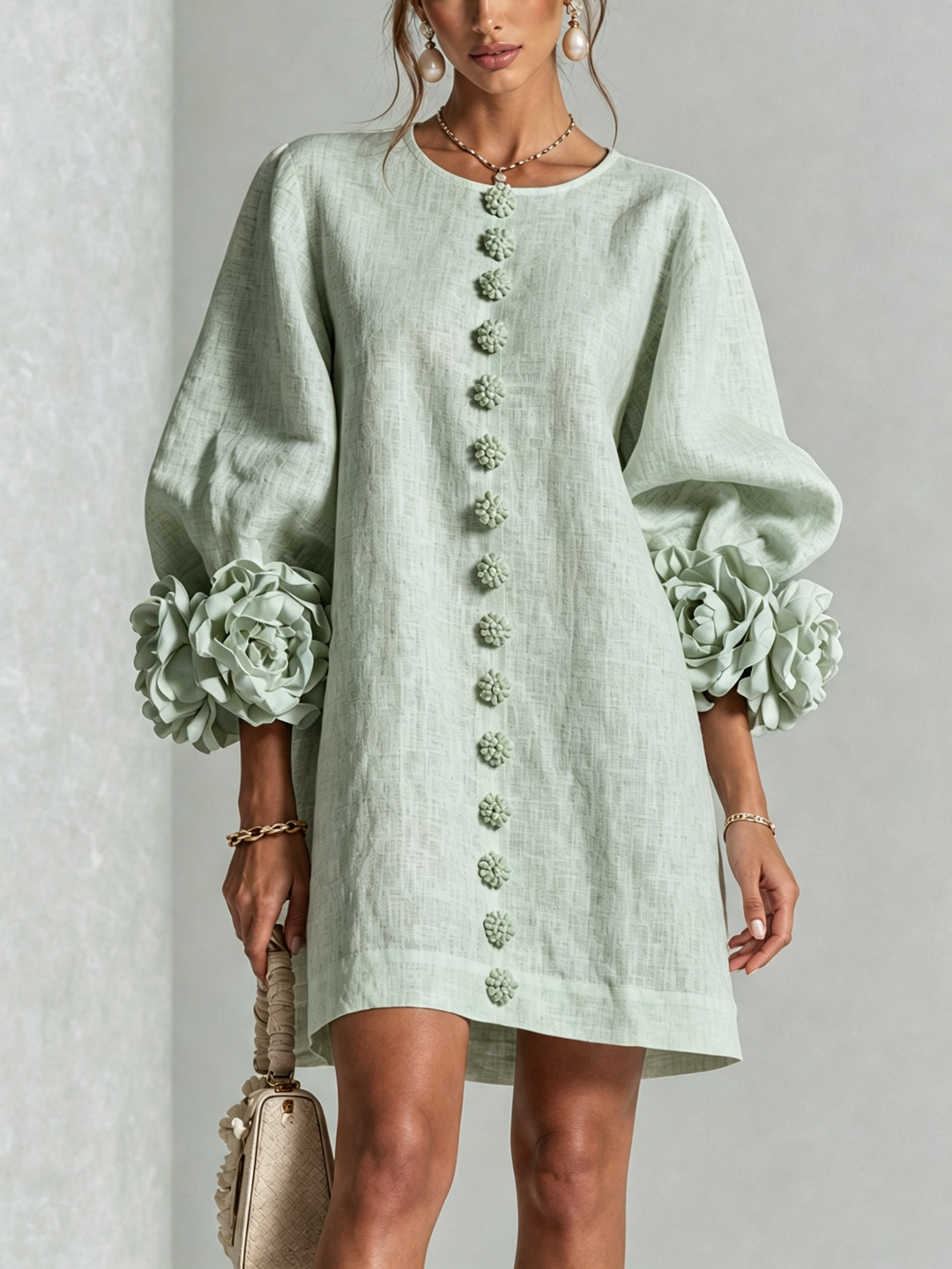AURORA™ - FLORAL-CUFF BUTTON MINI DRESS