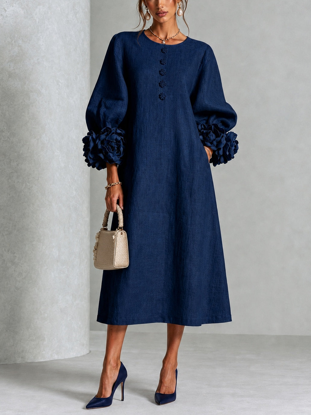 DANICA™ - ELEGANT FLORAL-CUFF MIDI DRESS