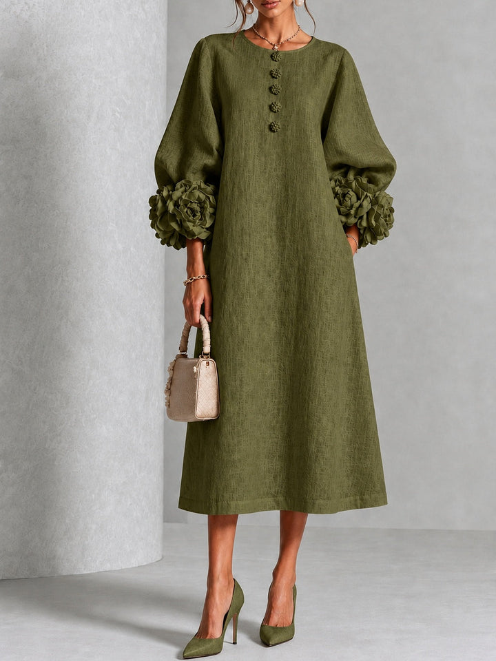 WILHELMINA™ - ELEGANT FLORAL-CUFF MIDI DRESS