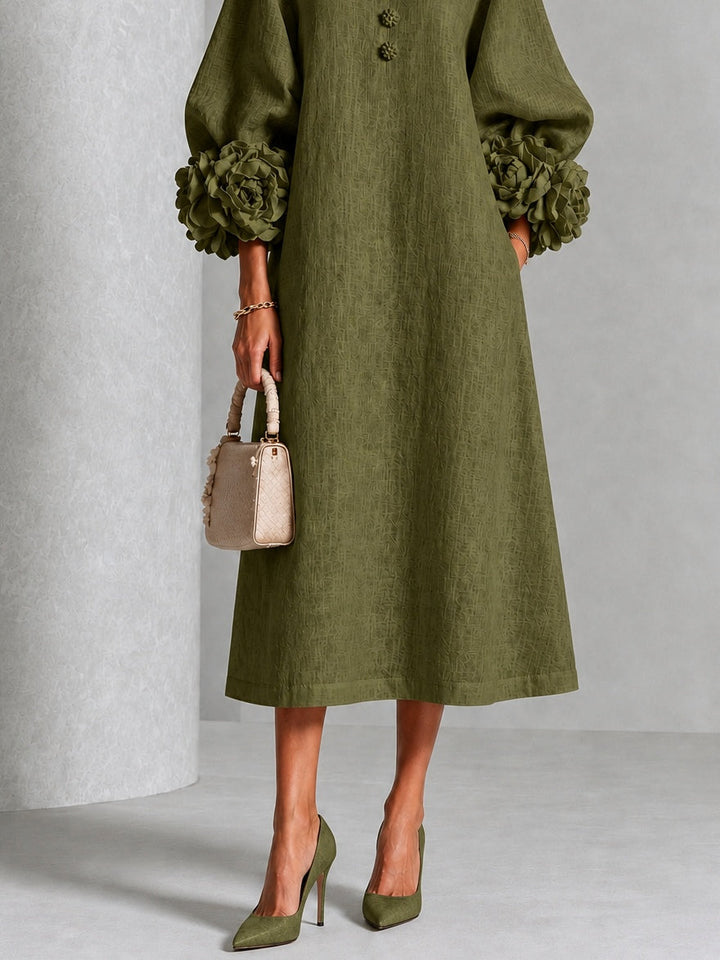 WILHELMINA™ - ELEGANT FLORAL-CUFF MIDI DRESS