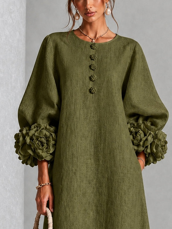 WILHELMINA™ - ELEGANT FLORAL-CUFF MIDI DRESS