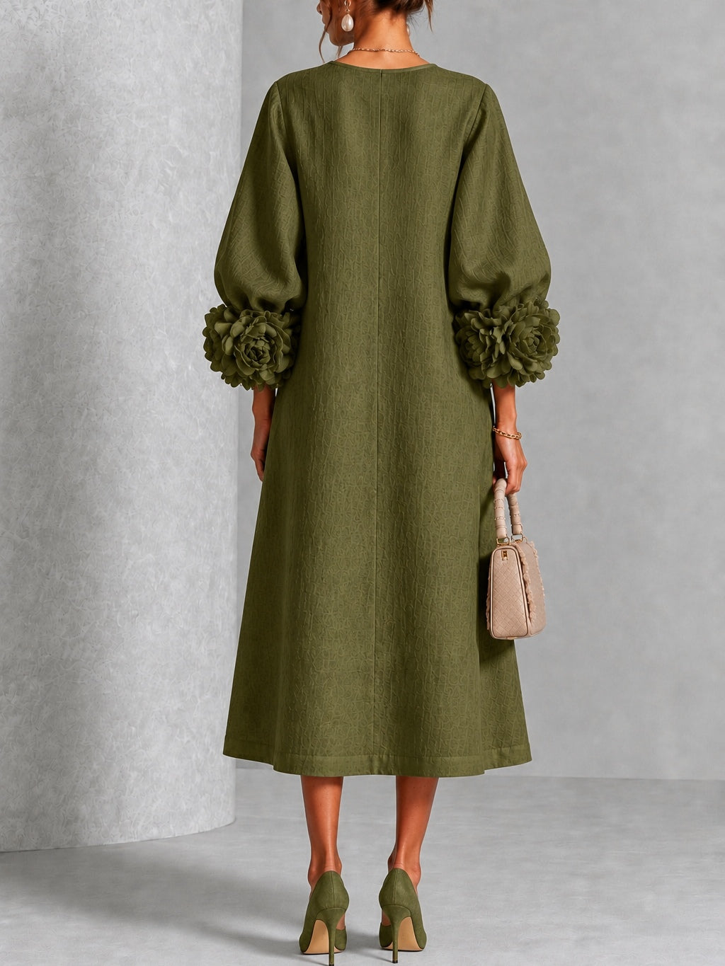 WILHELMINA™ - ELEGANT FLORAL-CUFF MIDI DRESS
