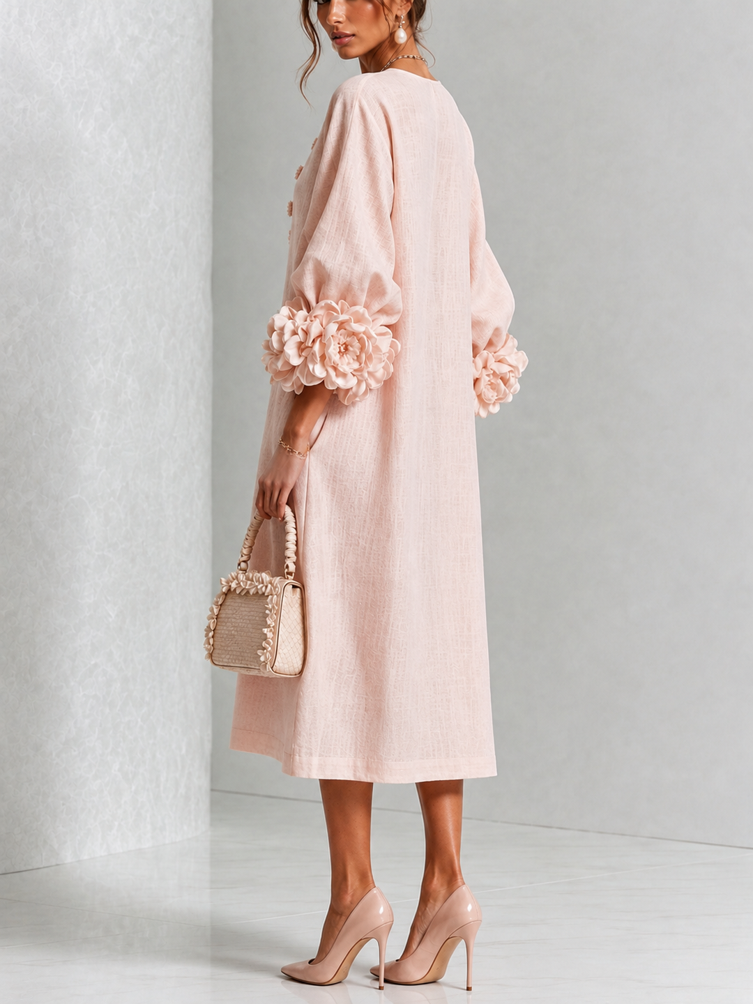 ROSETTA™ - FLORAL-CUFF BUTTONED MIDI DRESS
