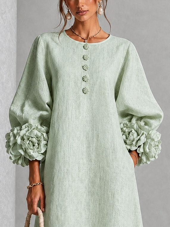 SIENNA™ - ELEGANT FLORAL-CUFF MIDI DRESS