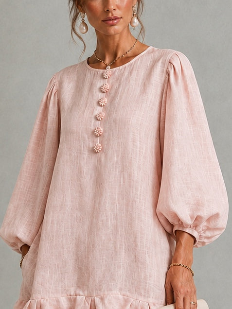 ROSALYN™ - FLORAL-BUTTON PUFF-SLEEVE MINI DRESS
