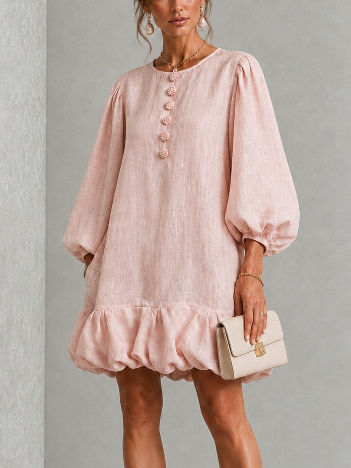 ROSALYN™ - FLORAL-BUTTON PUFF-SLEEVE MINI DRESS