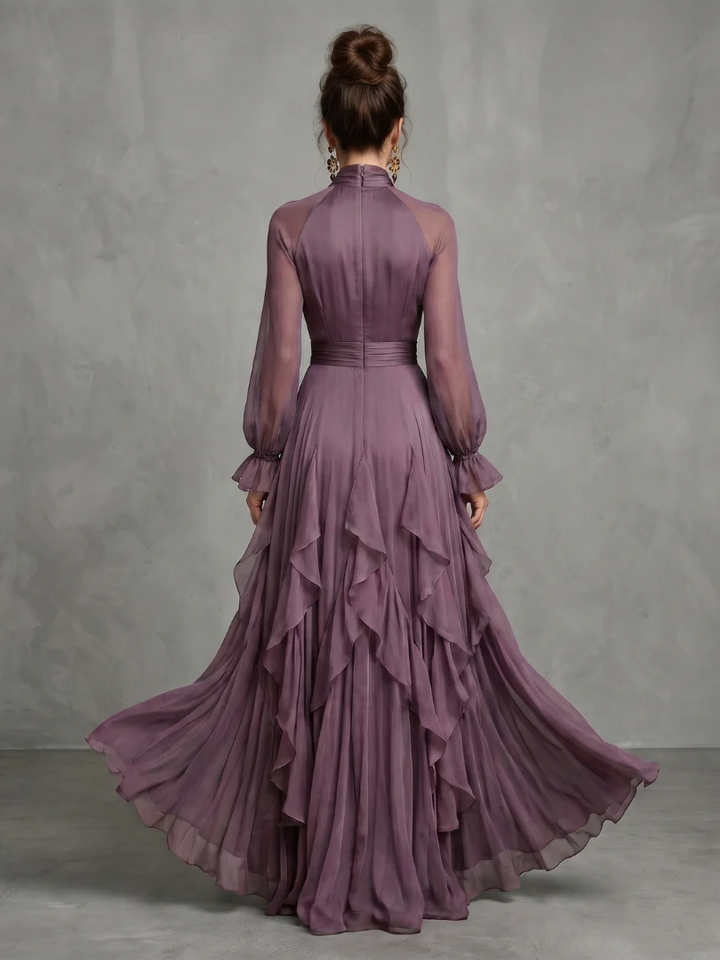 DEMETRIA™ - TIE NECK RUFFLE TIERED MAXI DRESS