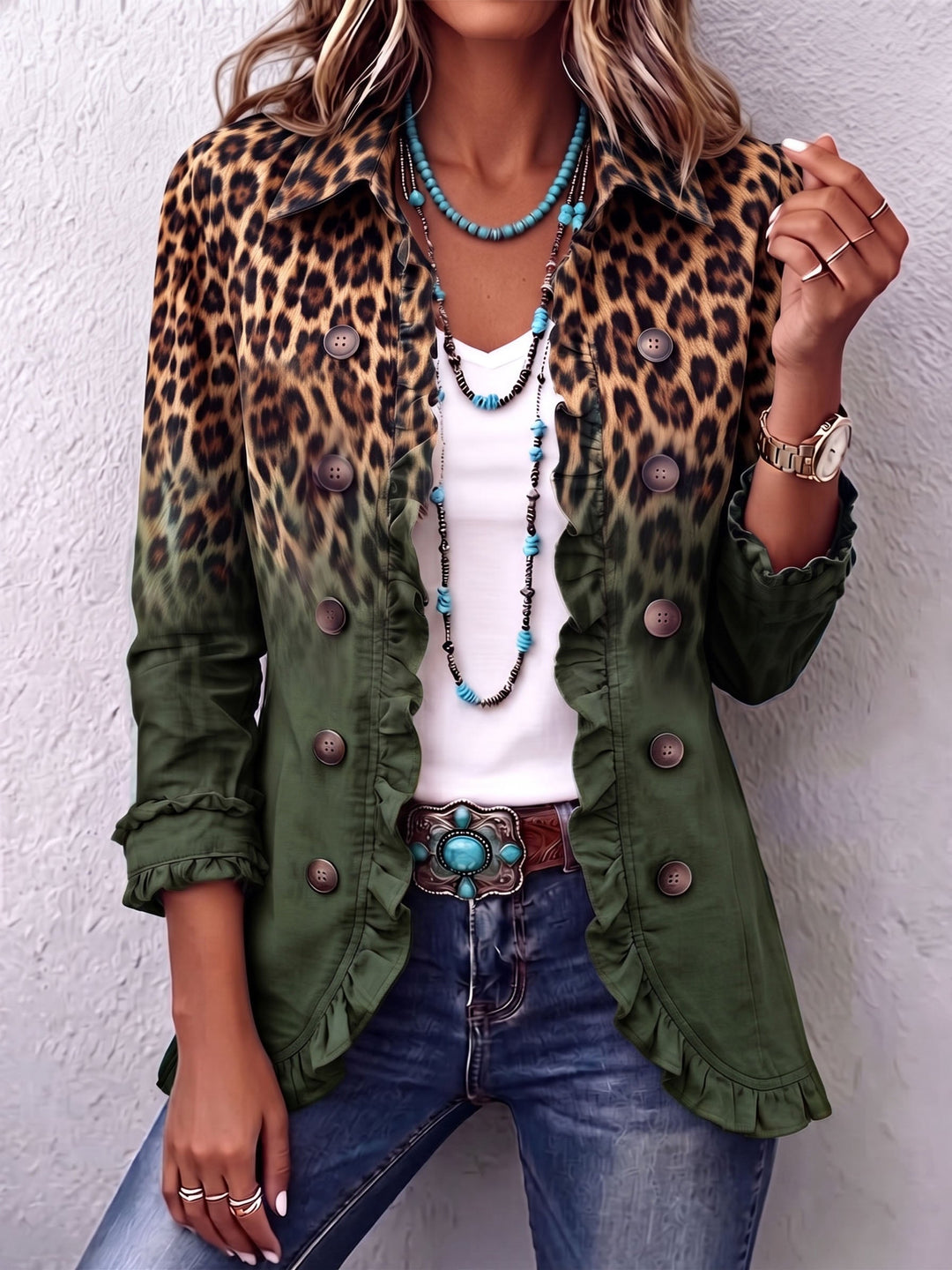 ELSPETH™ - LEOPARD RUFFLE BLAZER JACKET
