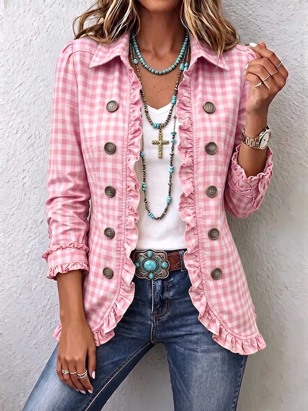 CHARLENE™ - ELEGANT RUFFLED GINGHAM JACKET