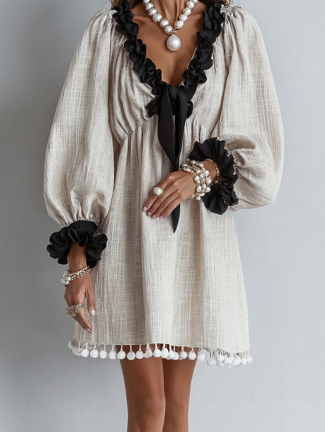 ANNELIESE™ - RUFFLE-TRIM PUFF-SLEEVE MINI DRESS